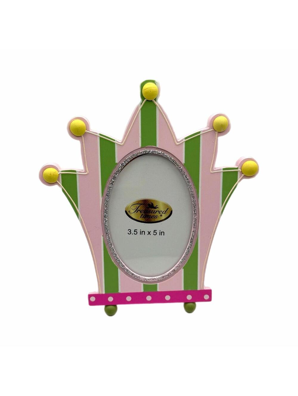 Treasured Times Pink & Green Striped Crown Picture Frame – 3.5x5-In Photo